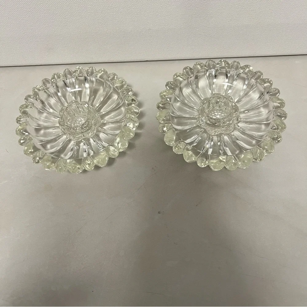Hazel Atlas Daisy Petal Pressed Glass Candle Holders Clear Glass Vintage